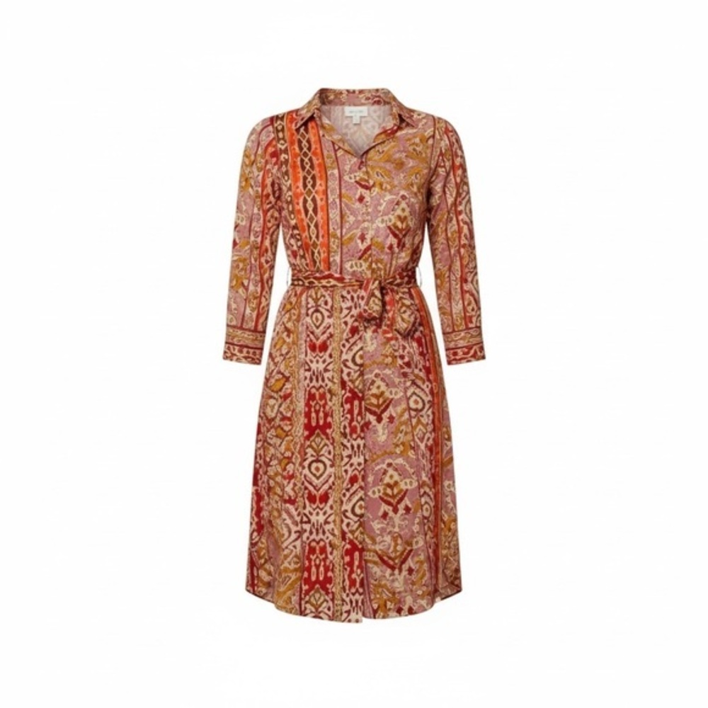 Fanco Vibrant Bohemian Collared Shirt Dress Tie Belt Multi Print Midi Small NWOT